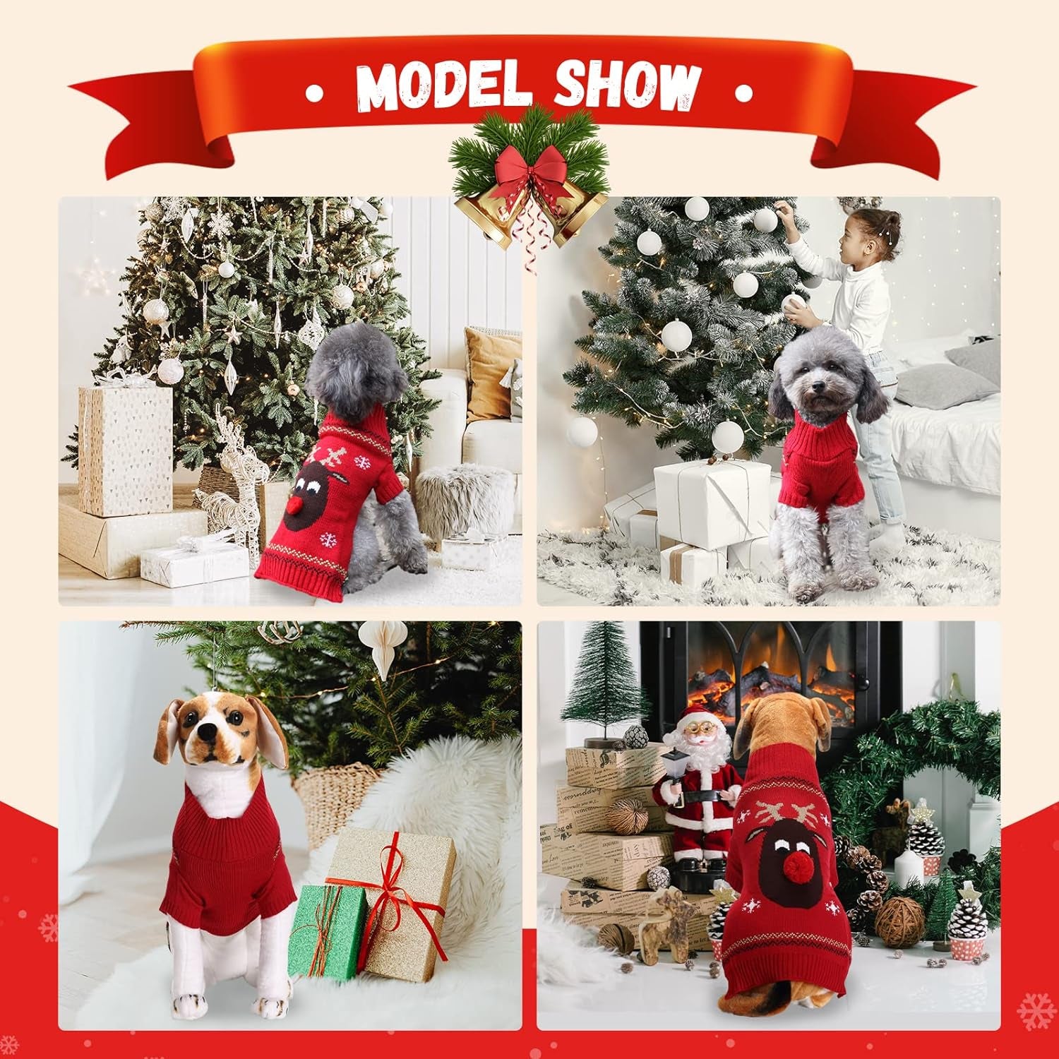 Ugly Christmas Dog Sweater Reindeer Xmas Dog Outfits Pet Dog Holiday Costumes Red Puppy Cat Winter Knitwear Clothes Turtleneck Warm Jumper Clothes for Small Medium Large Dogs(Red,S)